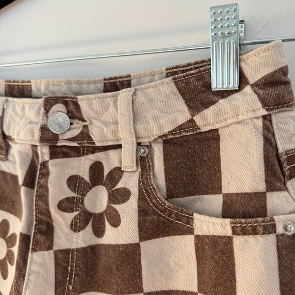 PACSUN Eco Flower Checkerboard High Waisted Denim Festival Shorts Size 26 - Picture 3 of 8